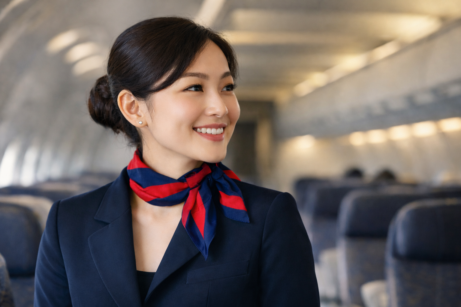 機内で働くキャビンアテンダントが身だしなみを整えて業務にあたる様子