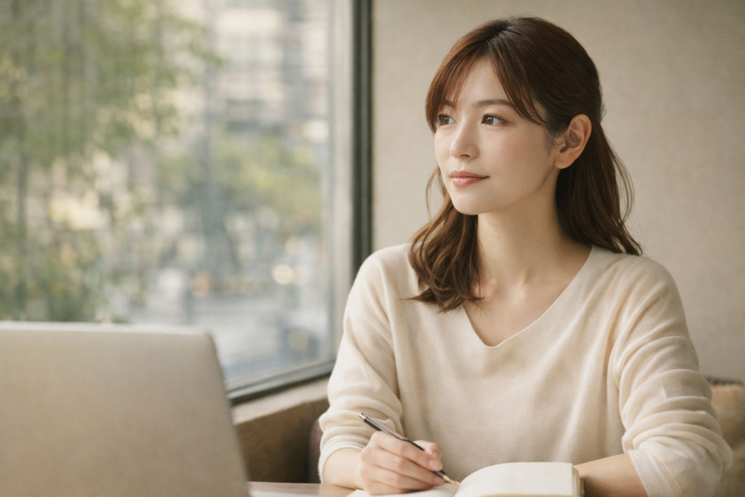 自分の体調や生活リズムを整えるために、静かな時間で考えをまとめる女性