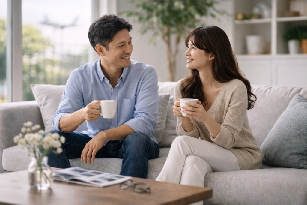 パイロットの妻として日常を過ごす夫婦が自宅で会話している様子
