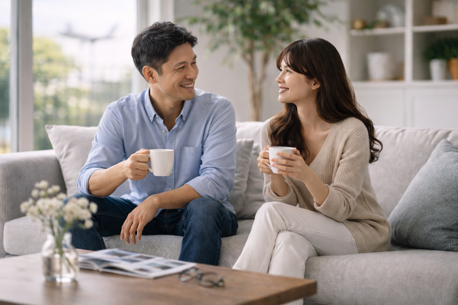 パイロットの妻として日常を過ごす夫婦が自宅で会話している様子