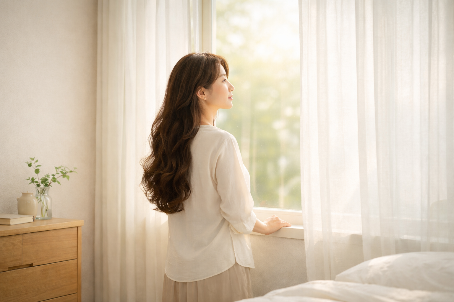 朝の自然光の中で、紫外線と共に生きてきた時間を静かに受け止める女性