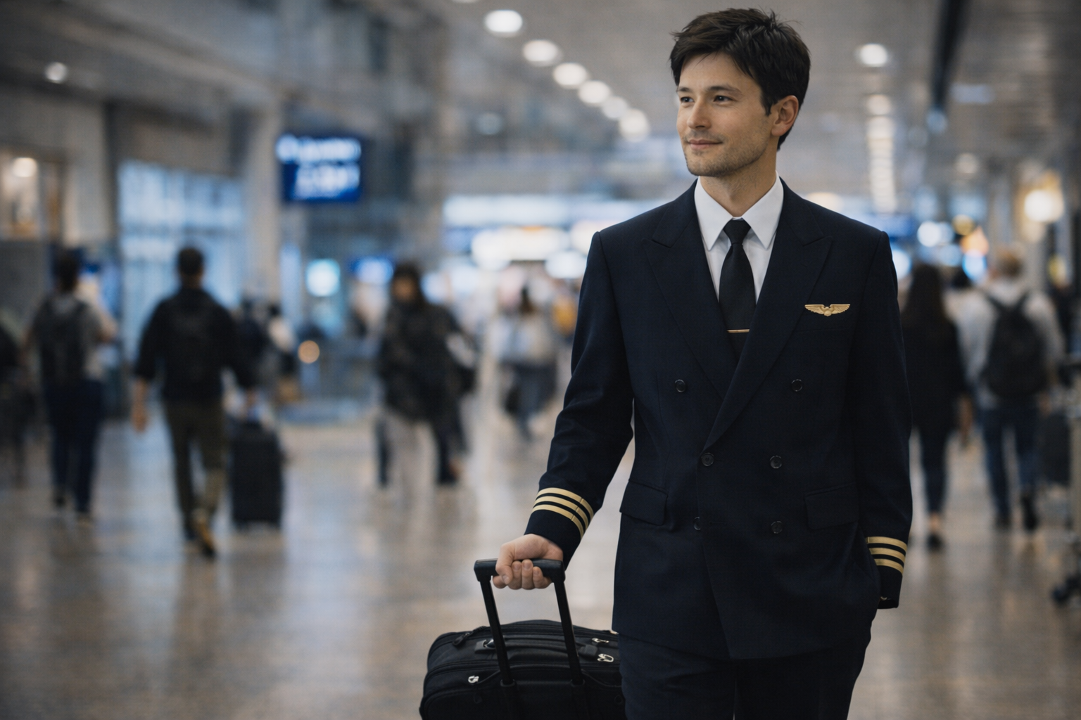 空港ターミナルを歩く制服姿の男性パイロット。仕事と日常を併せ持つ、航空業界の現実的な魅力と距離感を象徴する一場面
