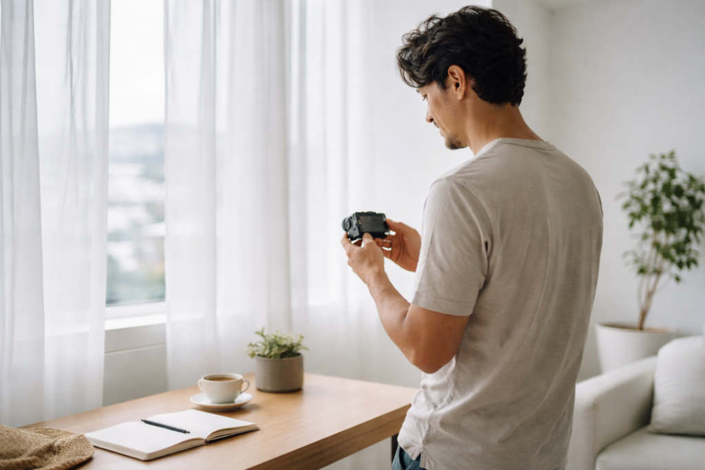 旅行のためにカメラをレンタルして操作方法を確認している男性