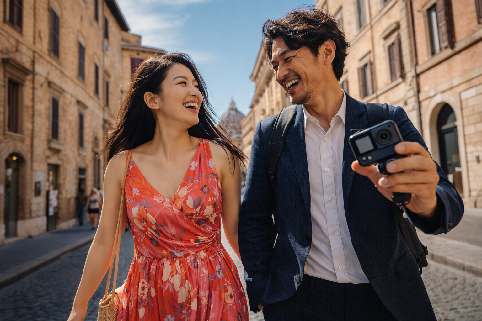 歴史ある街並みを歩きながら会話を楽しむ男女。持ち物に縛られず、体験や時間を共有する軽やかな生き方を象徴する一場面