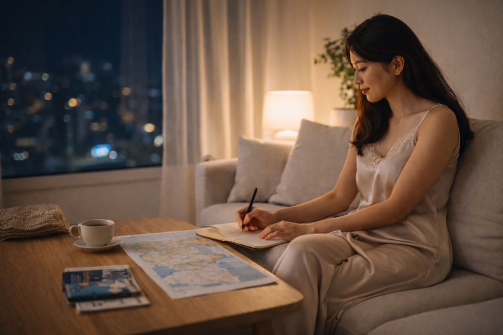 夜の静かな時間に旅行の計画をする女性