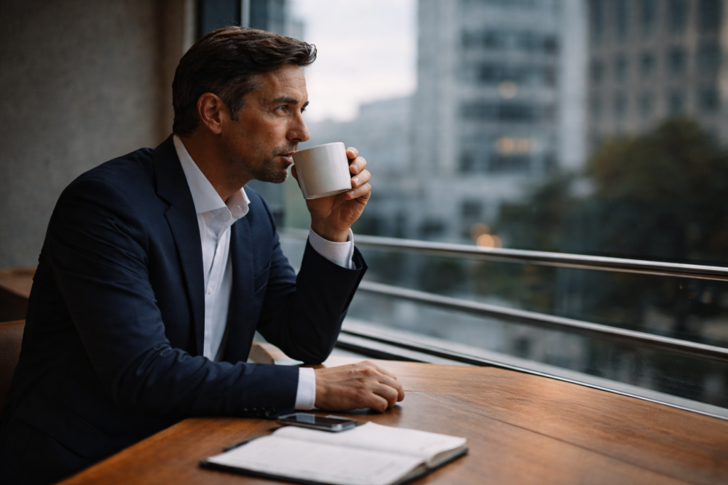 習慣や人生の整え方について、静かに考えながらコーヒーを飲む男性
