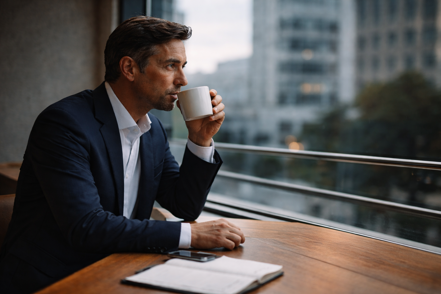 習慣や人生の整え方について、静かに考えながらコーヒーを飲む男性