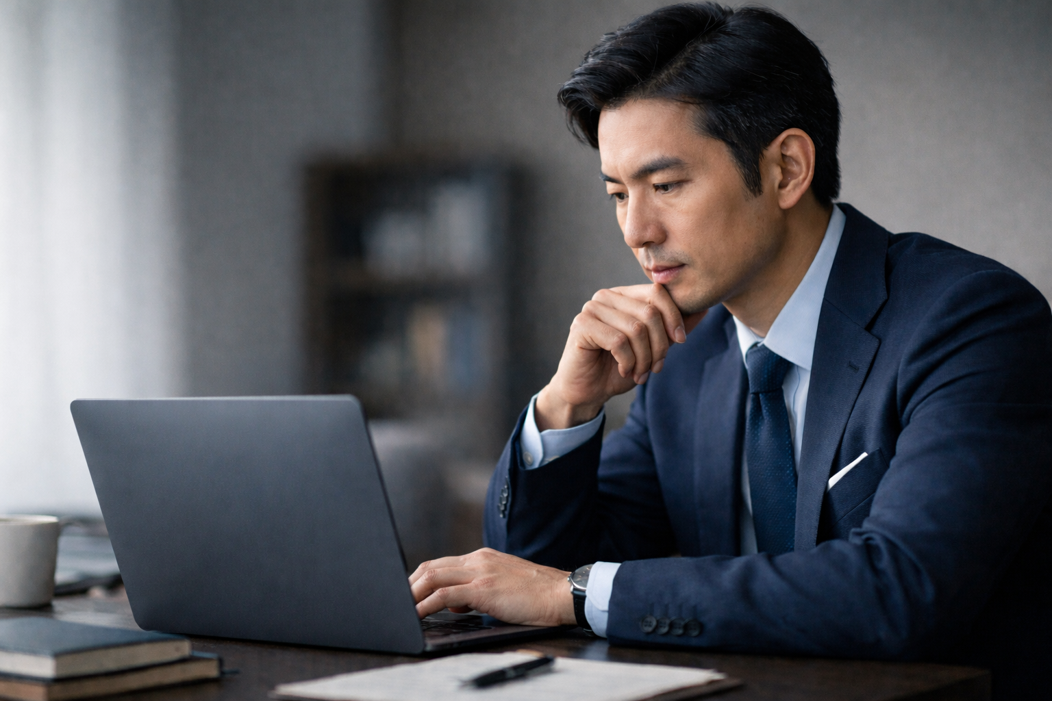 デスクでノートパソコンに向かい、思考を巡らせながら学習に取り組む男性。航空業界を目指し、英語を実務のために身につけようとする姿勢を象徴する一場面