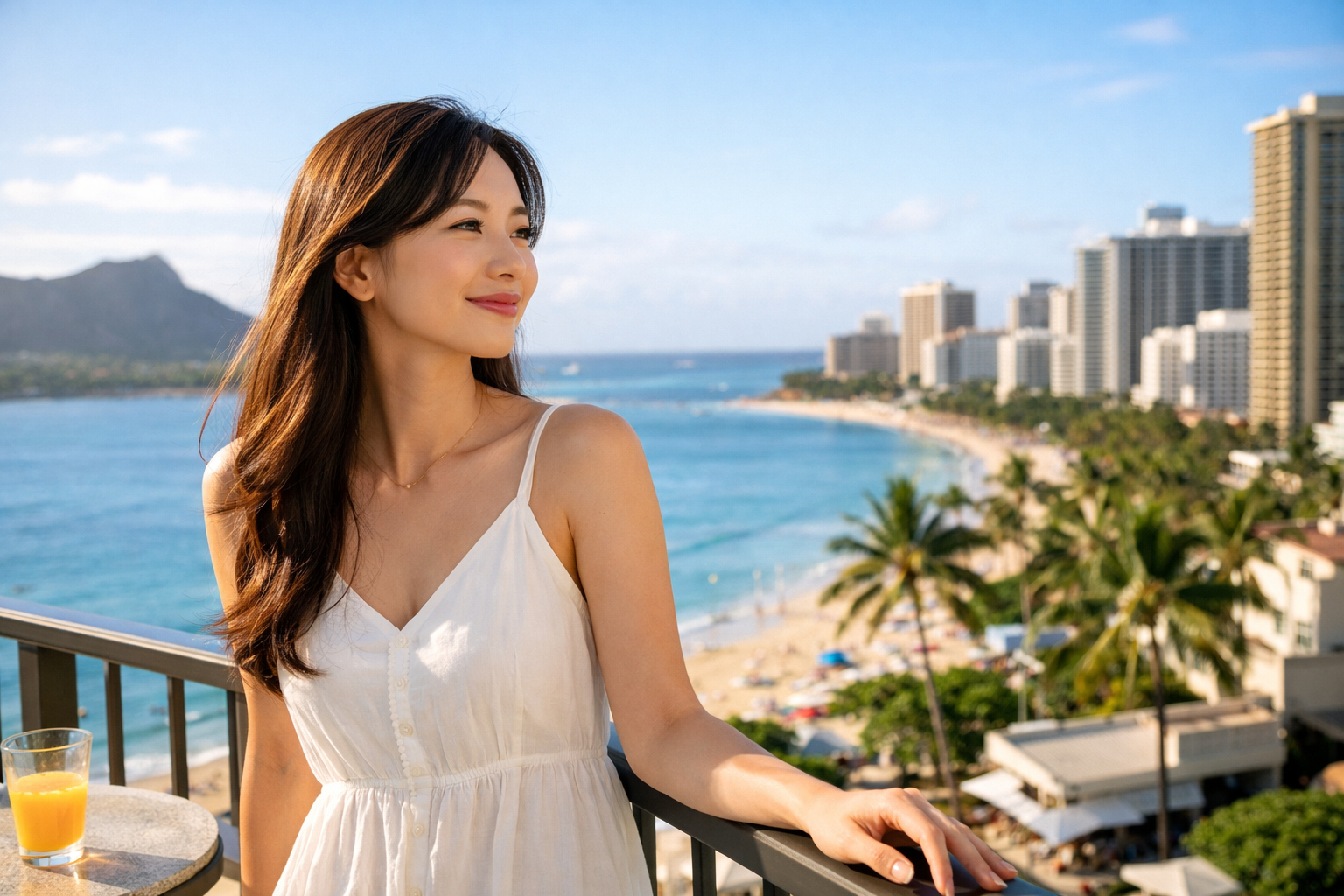 海を望むリゾートのバルコニーに立ち、穏やかな表情で遠くを見つめる女性。CAという仕事がもたらす開放感と憧れを象徴する風景