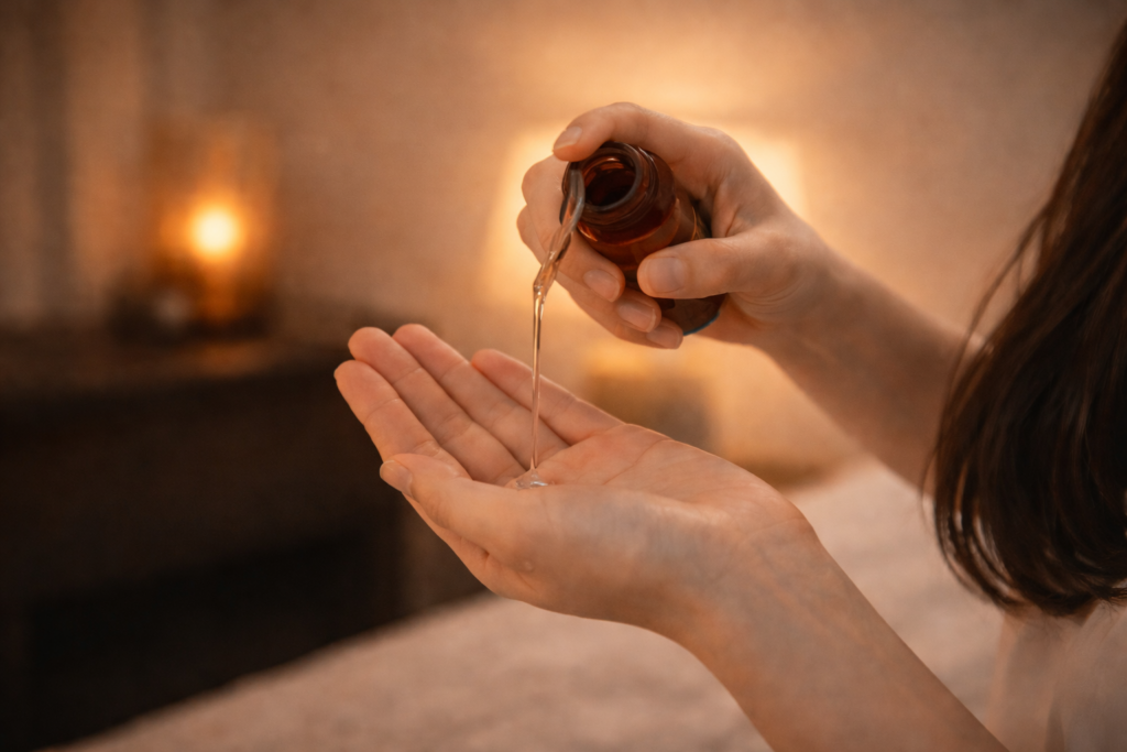 夜、美容ケアをする女性の姿