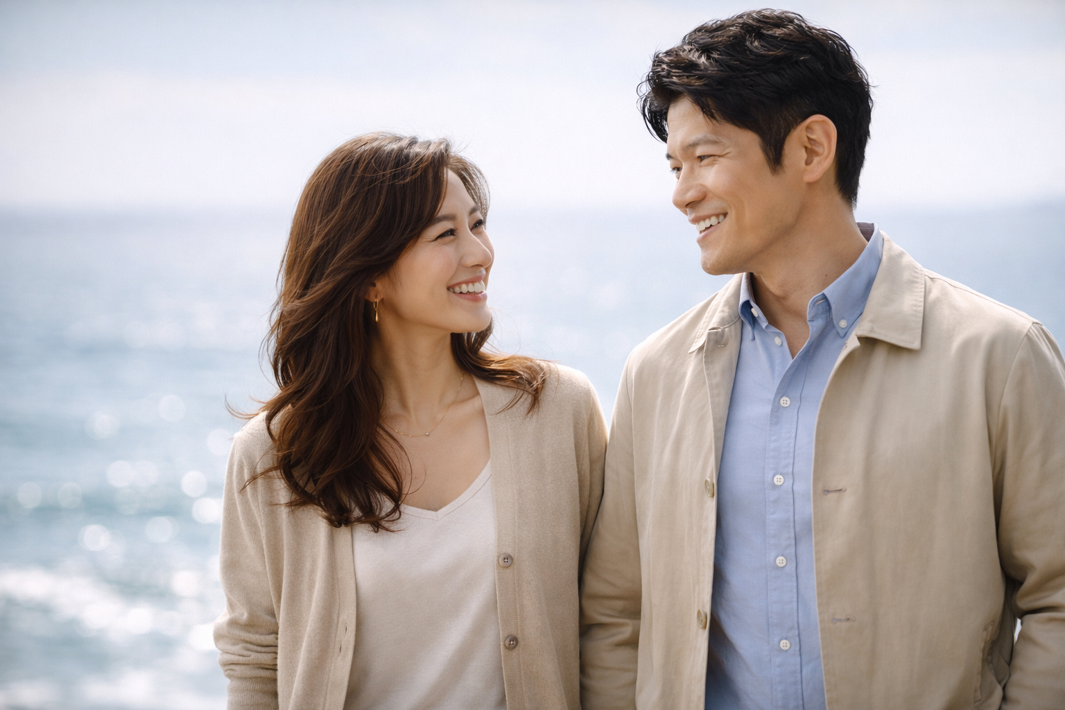 海を背景に並んで歩き、穏やかな笑顔を交わす男女のカップル。パイロットの妻・恋人として日常を共に歩む関係性を象徴する一場面