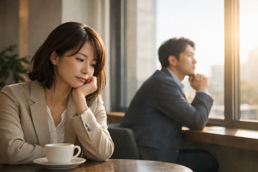 30代で転職を考えながら、このままでいいのかと不安を抱えて静かに悩む男女の姿