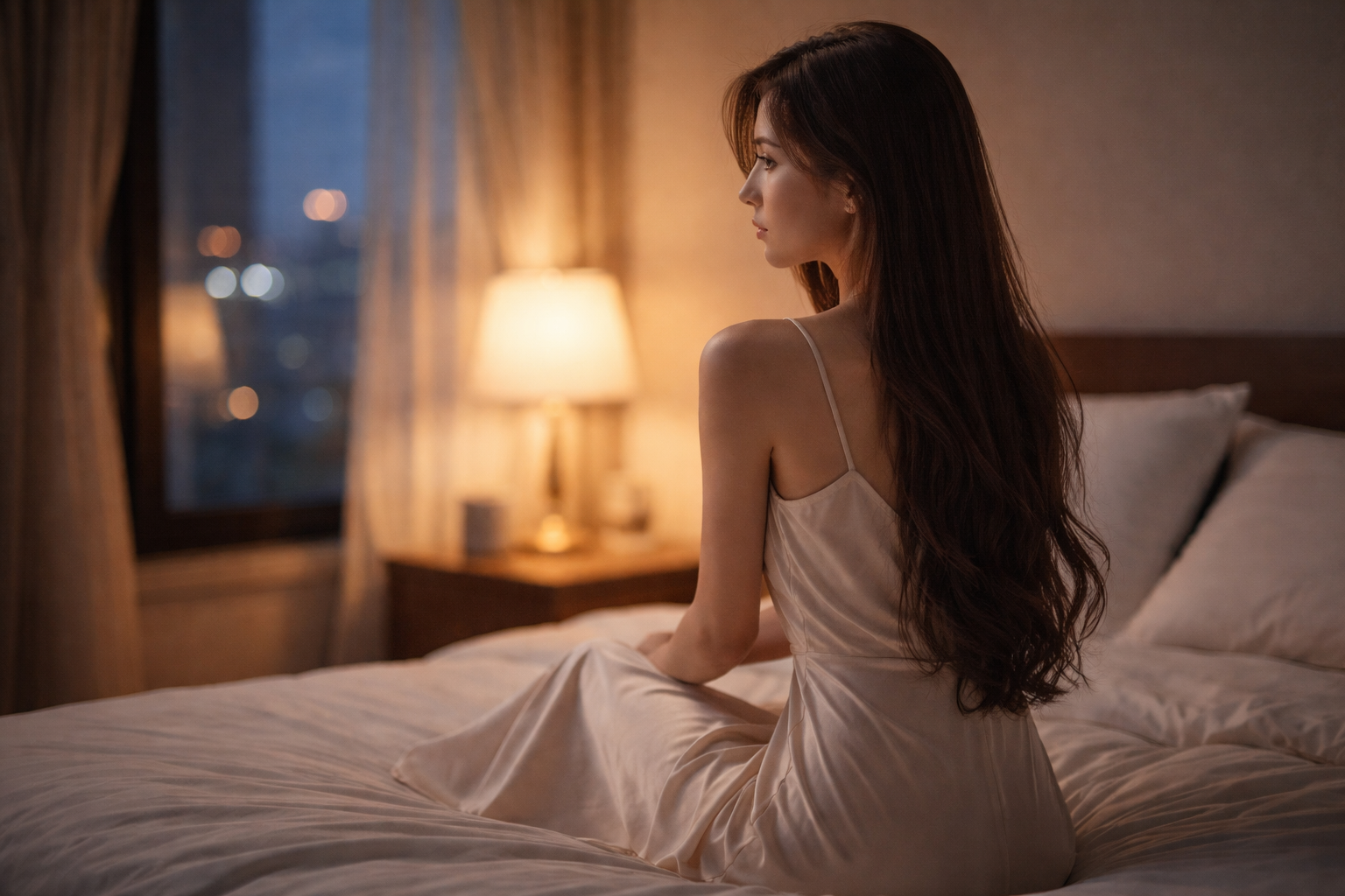 彼が何を考えているのか分からなくなり、ひとり静かな夜に思考を巡らせる女性の後ろ姿