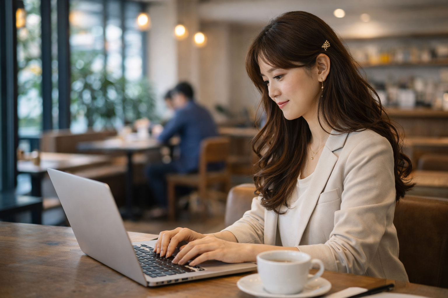 カフェでノートパソコンを使い、円安時代の仕事や人生について静かに考える女性