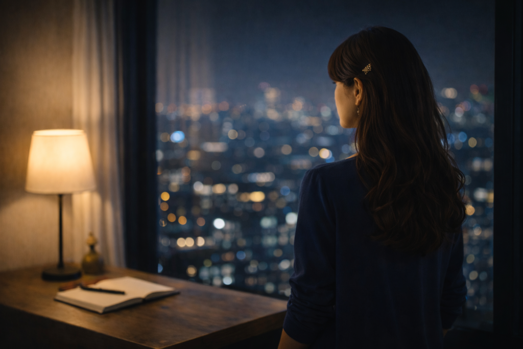 夜景を眺めながら、為替を通じて仕事や人生の判断力を高めることを考える女性