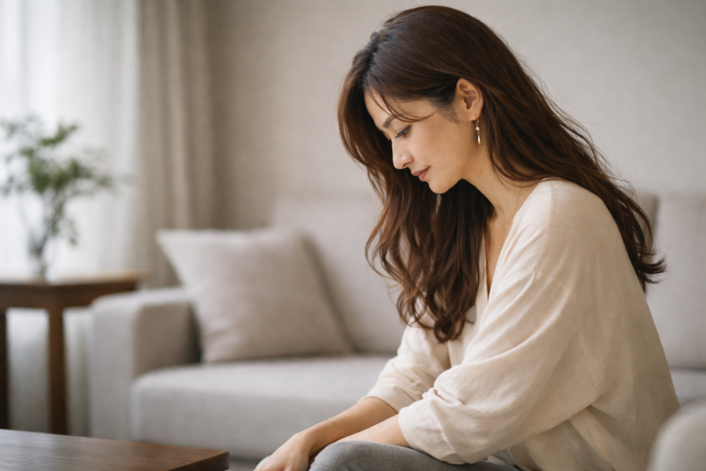 決断を先延ばしにしながら静かに考え込む女性の姿と、決めない選択が持つ心理的な重さを表したイメージ