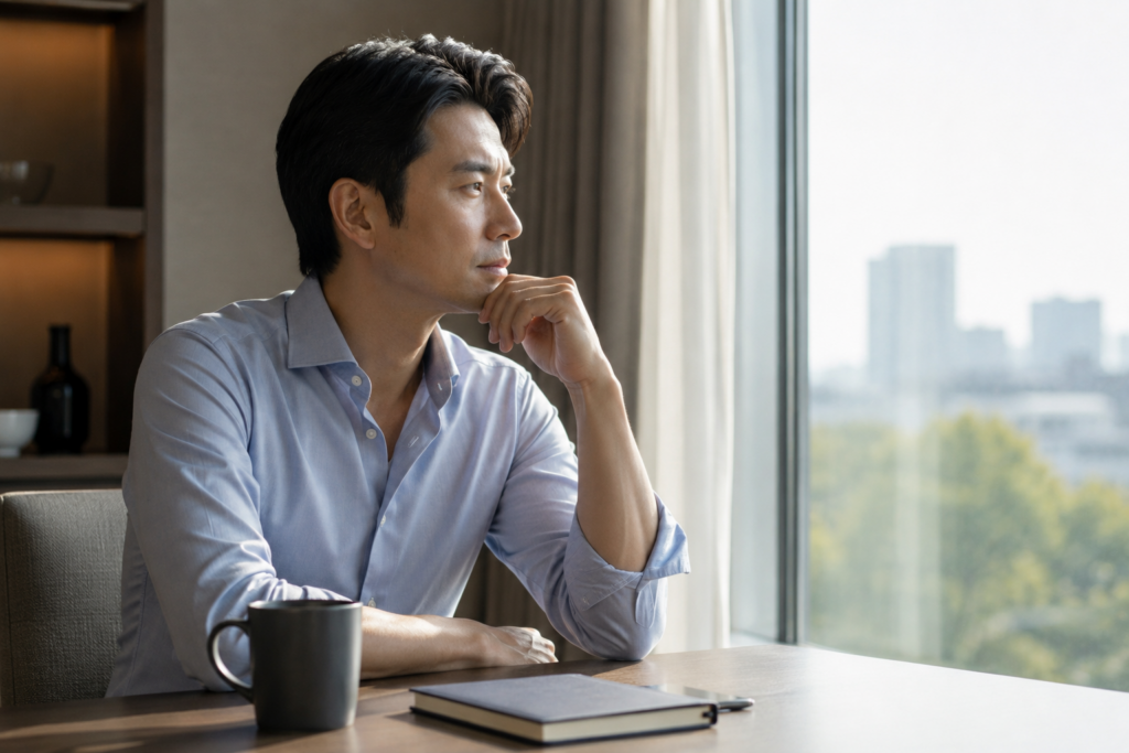 大切な人生の選択を前に、朝の窓辺で静かに考える40代男性