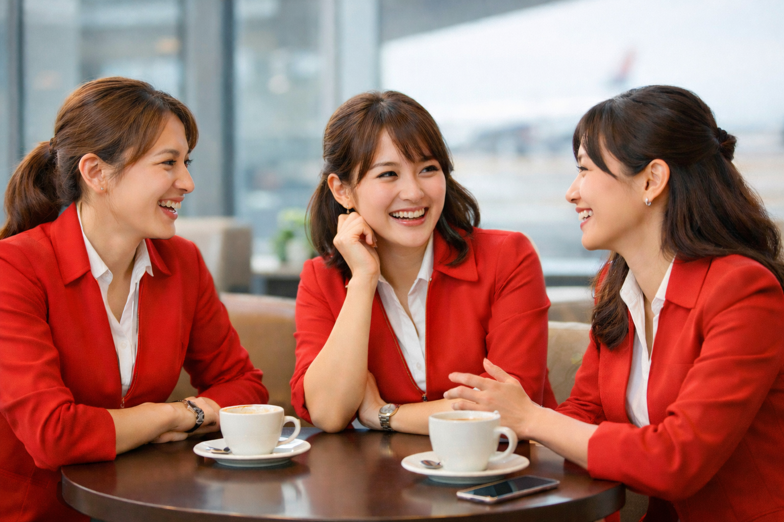 客室乗務員同士が仕事や恋愛について、リラックスした雰囲気で語り合う様子