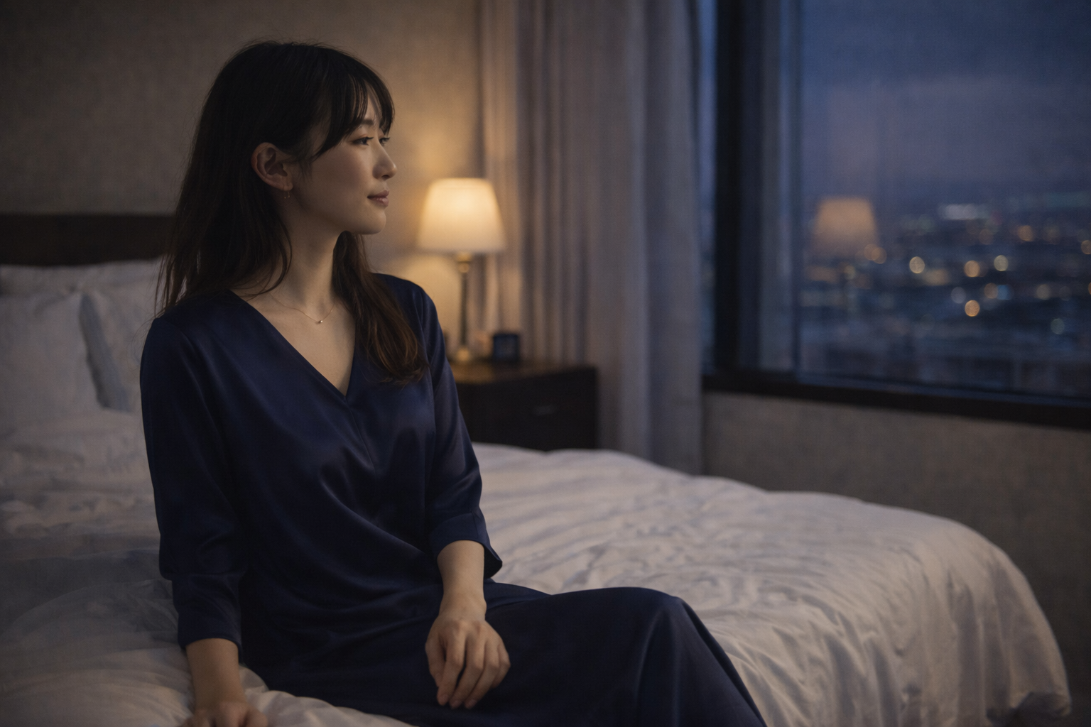 夜、自宅のベッドの縁に腰掛け、一日を終えて静かに外を眺める落ち着いた表情の日本人女性