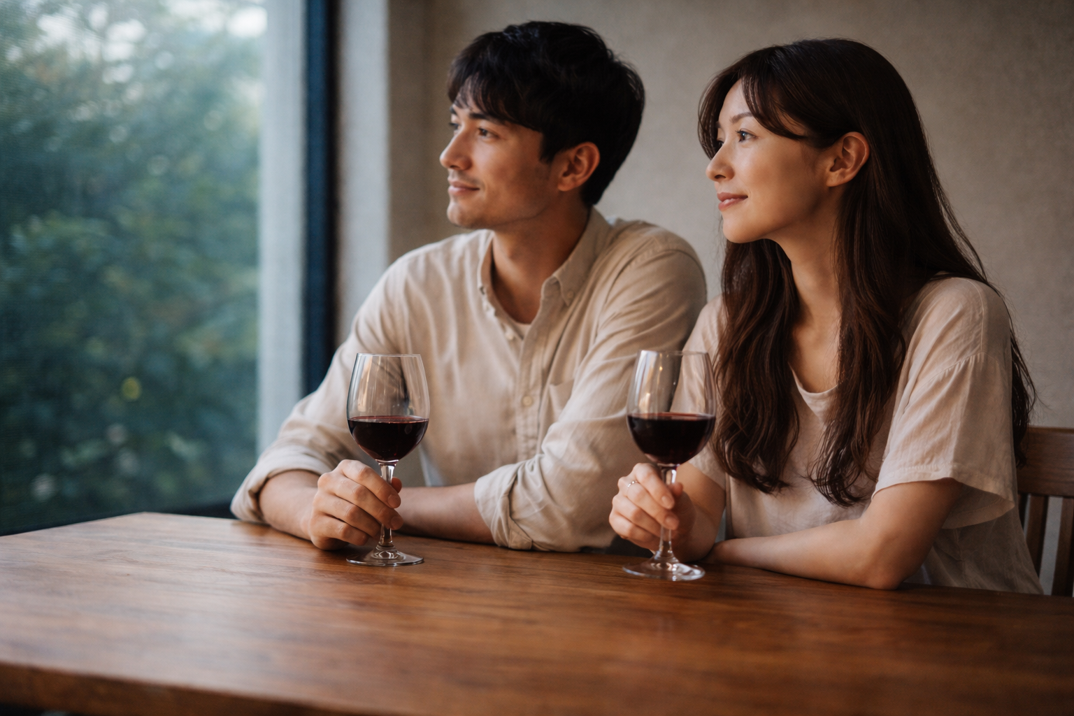 夕方の室内で、ワインを手に並んで座り、穏やかな時間を共有する若い日本人カップル