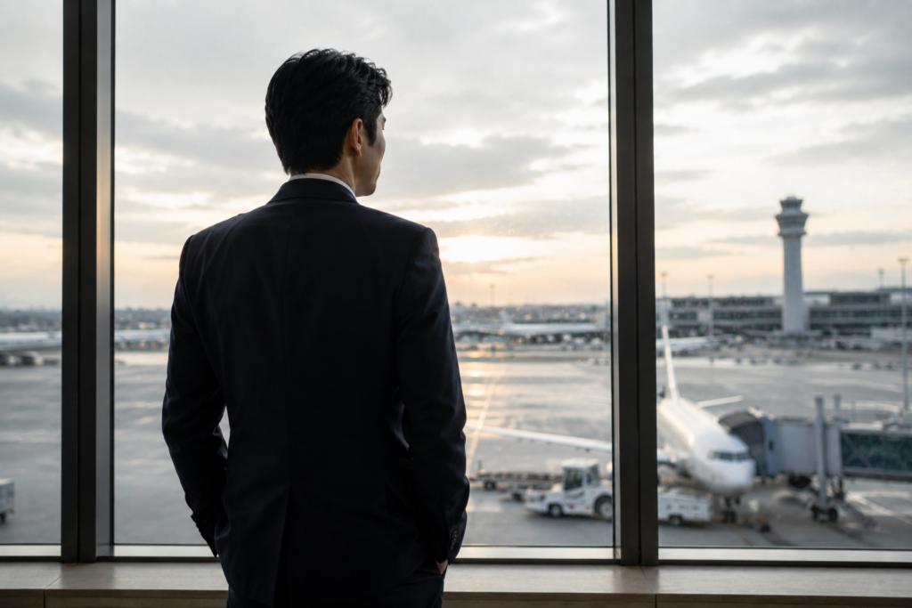 空港の窓辺で静かに状況を確認しながら次の判断を考える男性