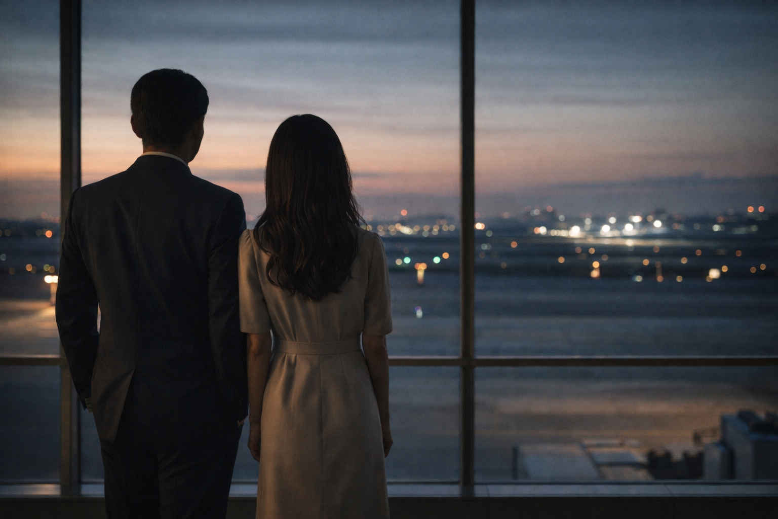 早朝の空港ロビーで、滑走路の灯りを見ながら並んで立つパイロットの男性と女性