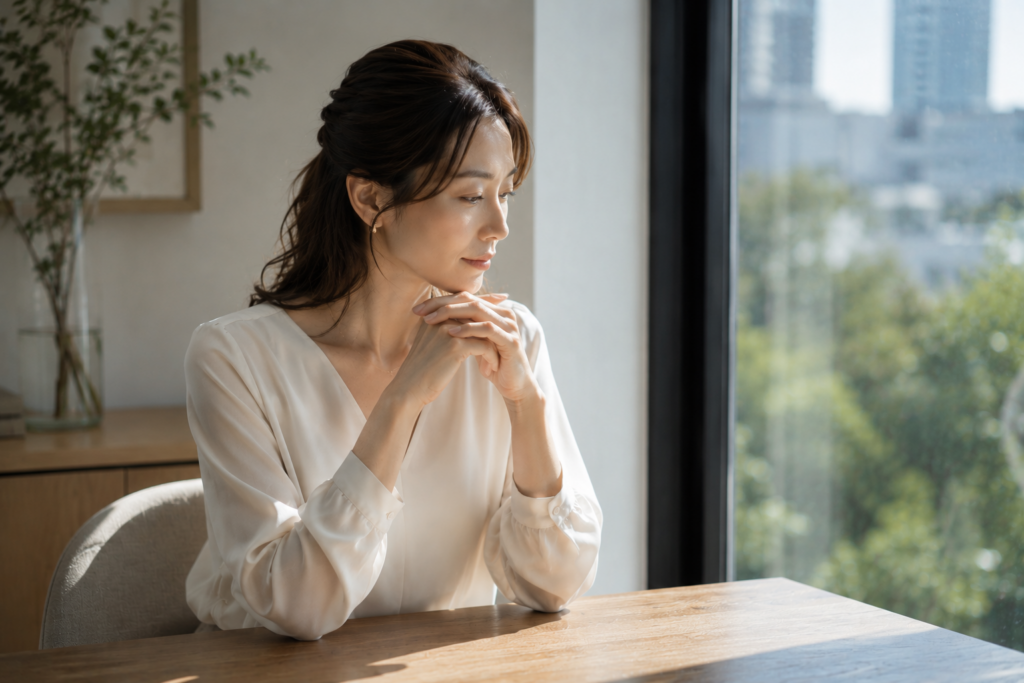 人生の選択を前に、朝の光の中で静かに考えを整える35歳の女性