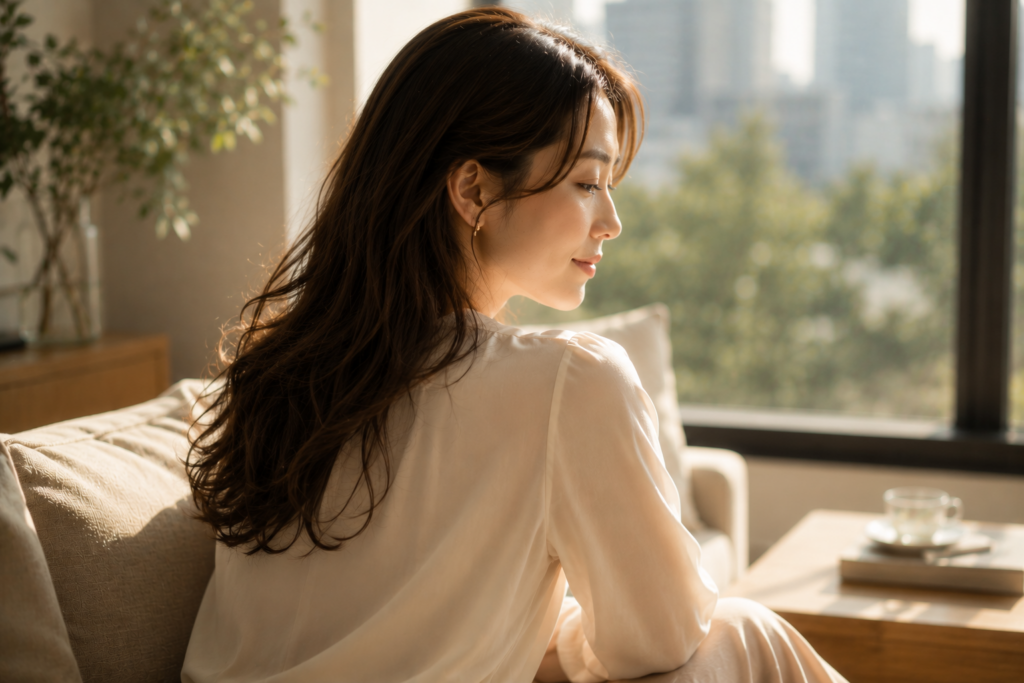 静かな夕方の室内で、肩の力を抜きながら自分と向き合う35歳の女性