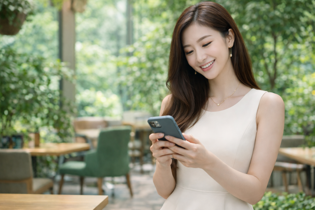 緑に囲まれたカフェでスマートフォンを見て微笑む女性。我慢しすぎない関係が恋愛を長続きさせることを表すイメージ