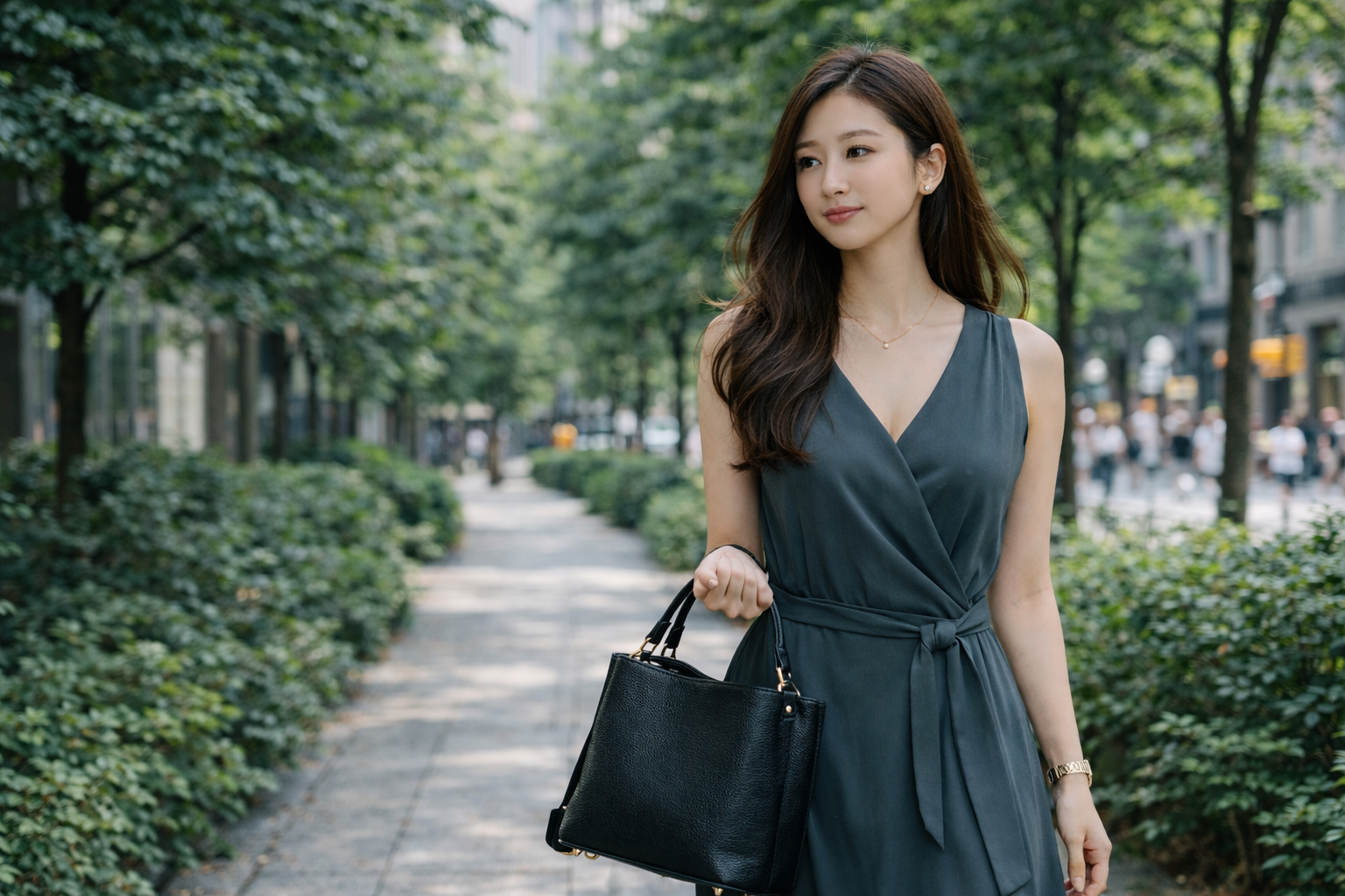 パイロットとの関係に悩みながらも、自分の気持ちを整理しようと歩く女性