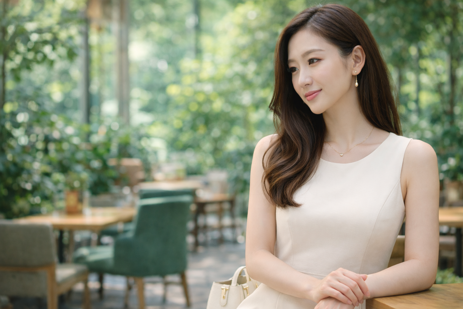 alt="緑に囲まれたカフェで穏やかな表情を見せる女性。パイロットの恋愛が長続きする理由を象徴する落ち着いた関係性のイメージ"