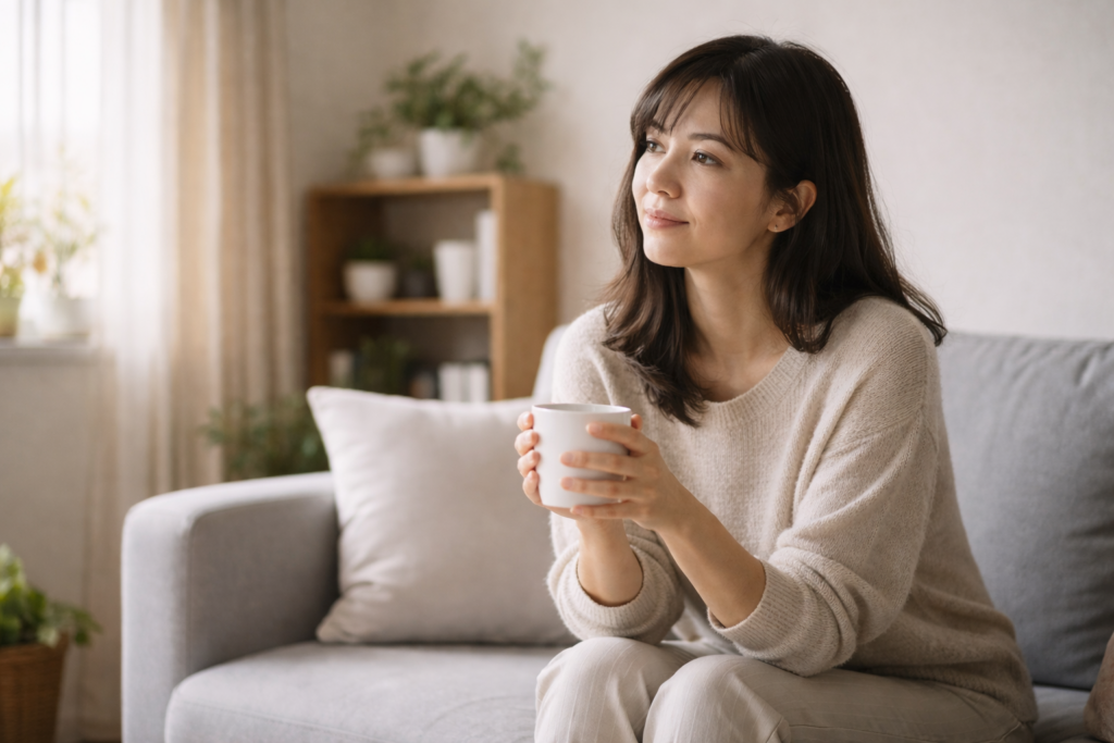 ソファに座り、マグカップを手にしながら静かに考え事をしている女性の横顔