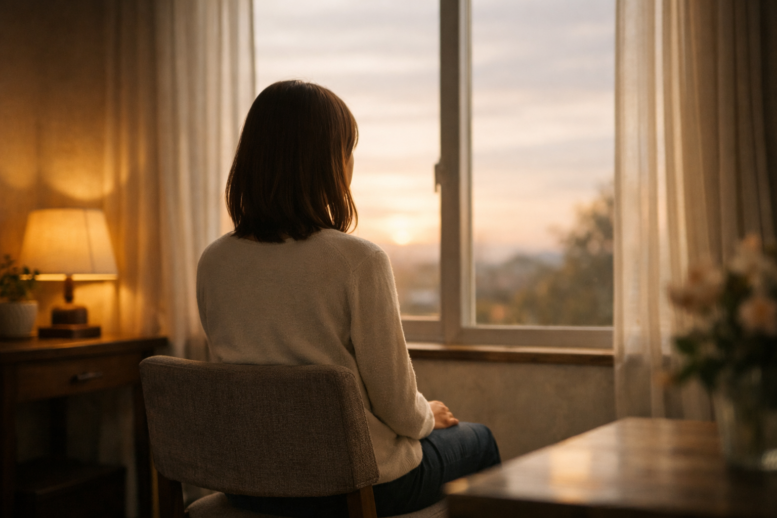 外を見ながら静かな時間を過ごしている女性