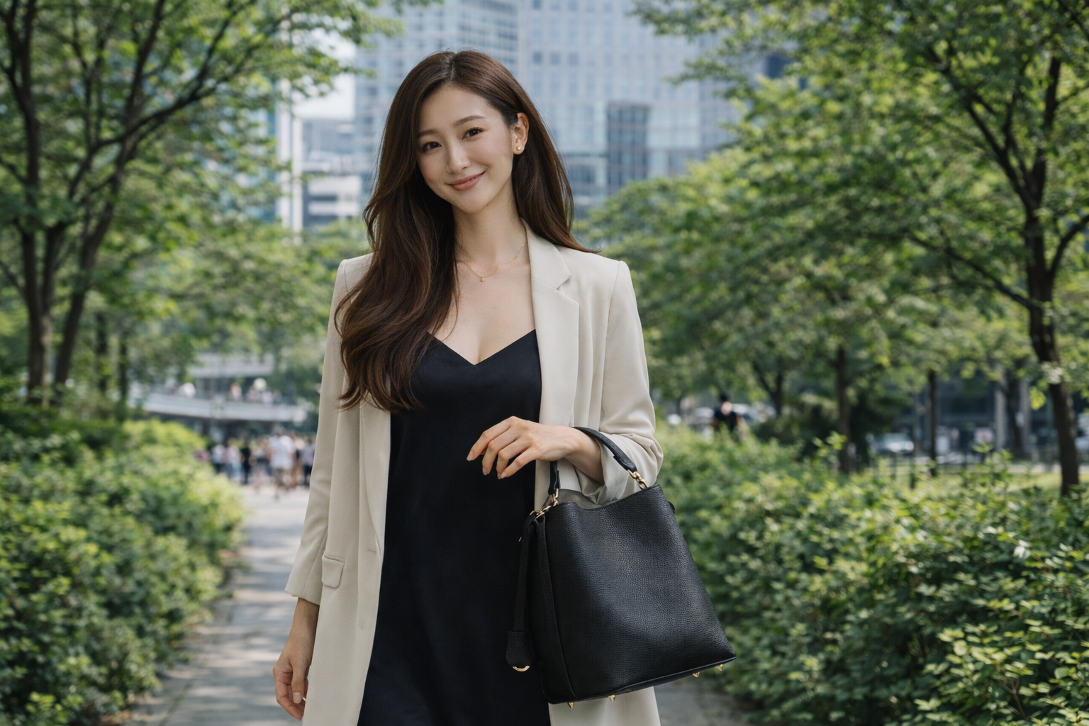 30代・40代の女性が、日常使いで上品に見える黒のバッグを持って歩く様子