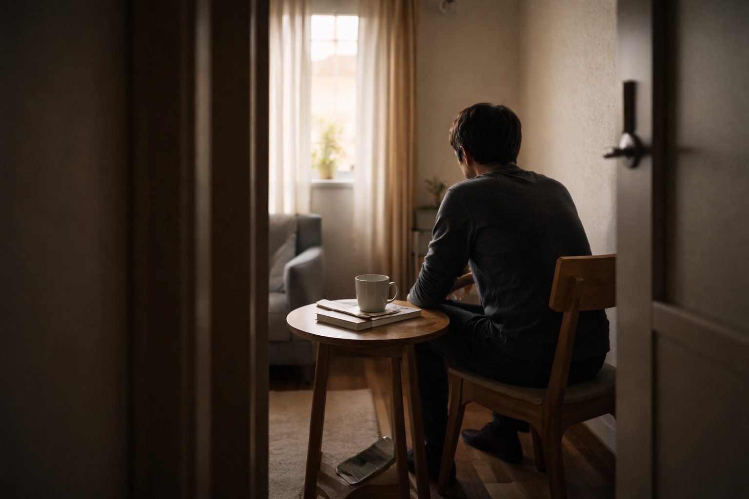 廊下越しに、リビングの片隅で小さなテーブルのそばに座り、静かに考え事をしている人物の後ろ姿