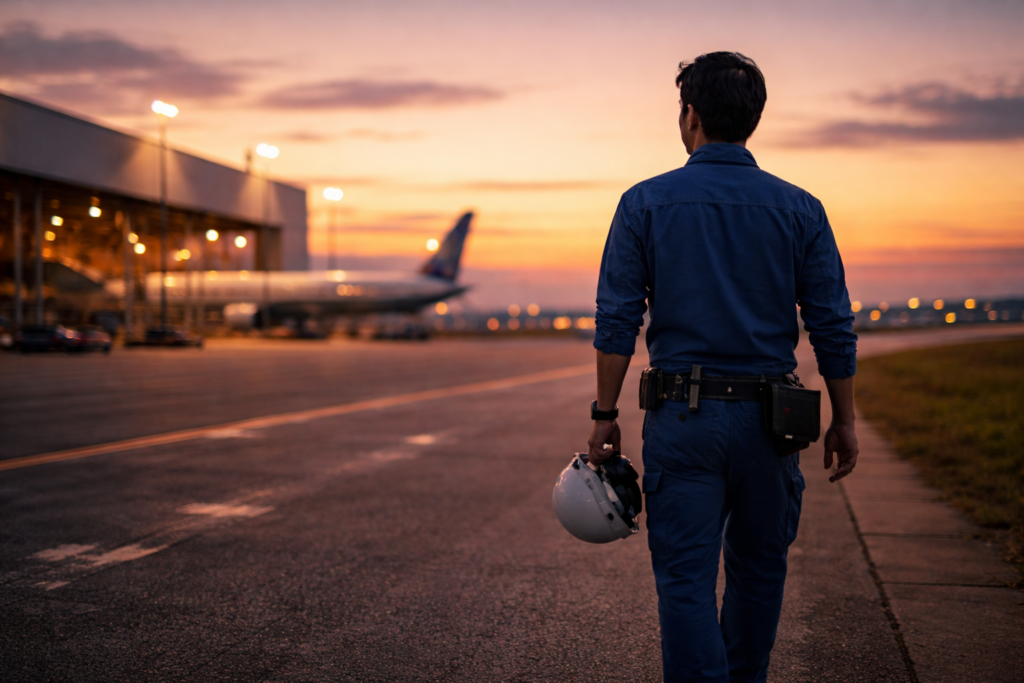 一日の整備作業を終え、静かな夕暮れの空港外を歩く航空整備士