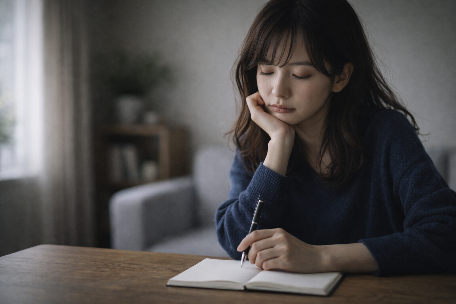 木製のテーブルでノートを開き、ペンを手にしながら座っている女性の横顔。室内にやわらかな自然光が差し込んでいる様子