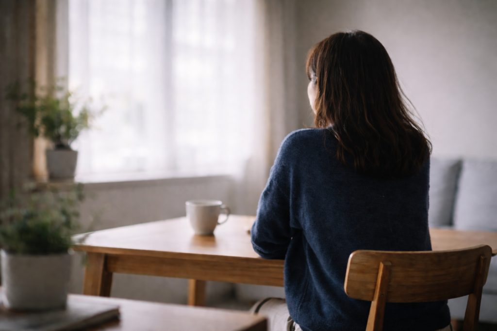 木製のテーブルに座り、窓から入るやわらかな光の中で後ろ姿を見せる女性。室内は静かで落ち着いた雰囲気