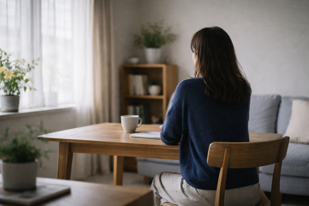 木製のテーブルに座り、窓の外に目を向けている女性の後ろ姿。静かな室内に自然光が差し込んでいる様子