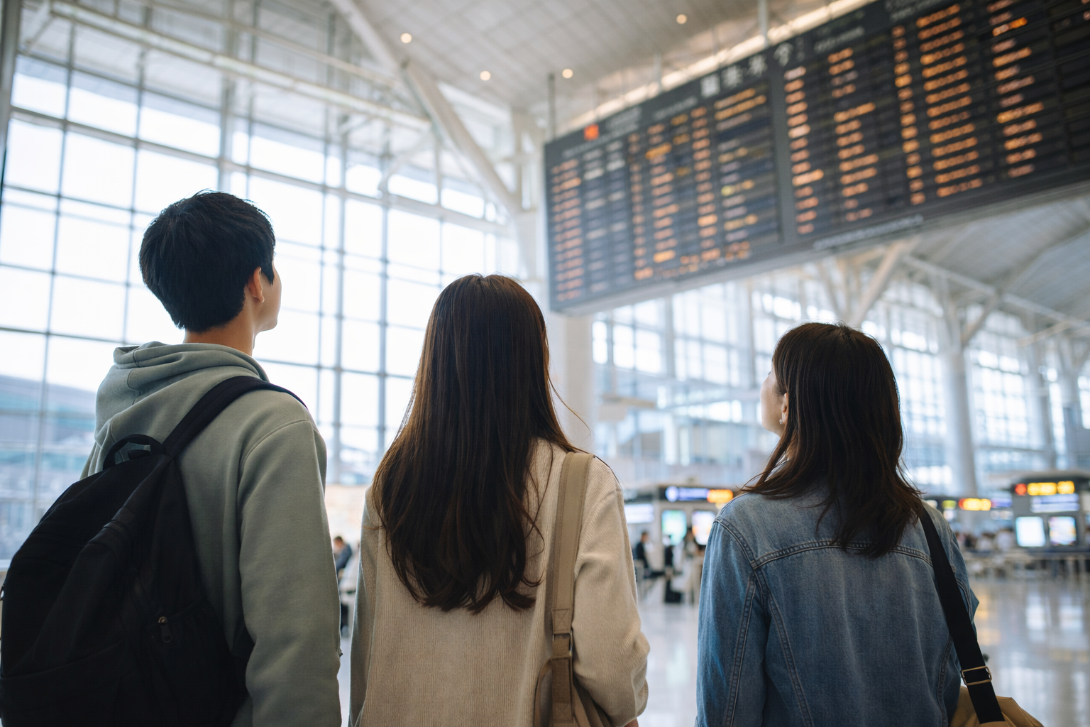 羽田空港のターミナルで案内表示を見上げる若者たち。航空業界説明会に参加しキャリアの入口に立つ様子