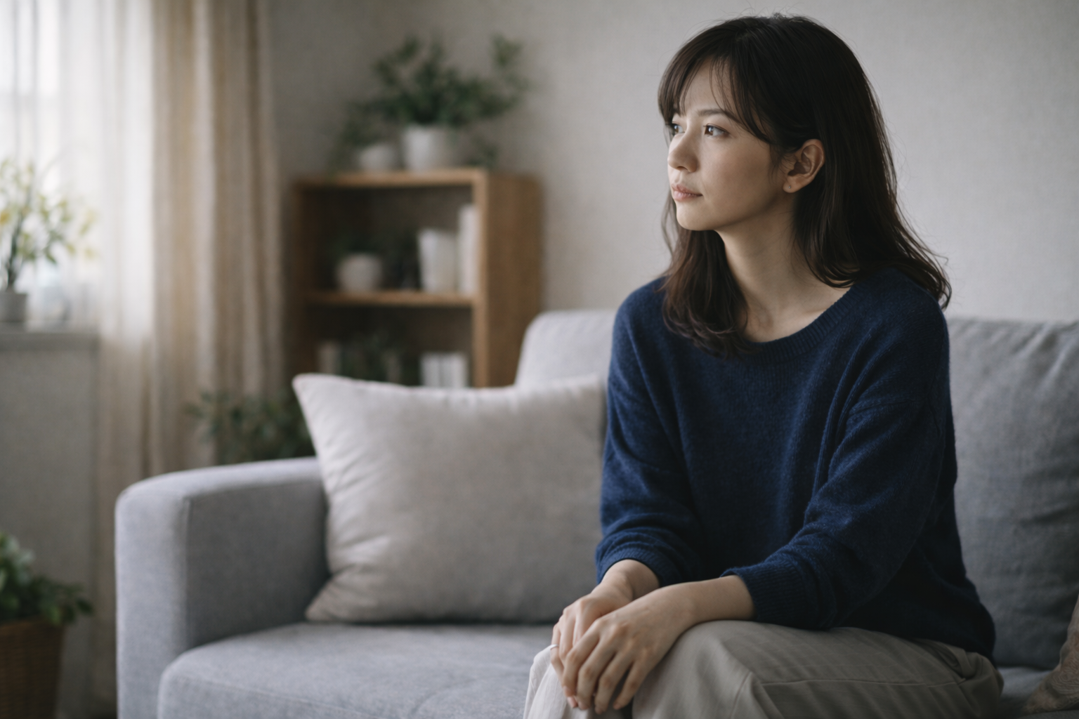 窓の外を静かに見つめながらソファに腰掛けている女性の横顔。やわらかな自然光が差し込む室内の様子