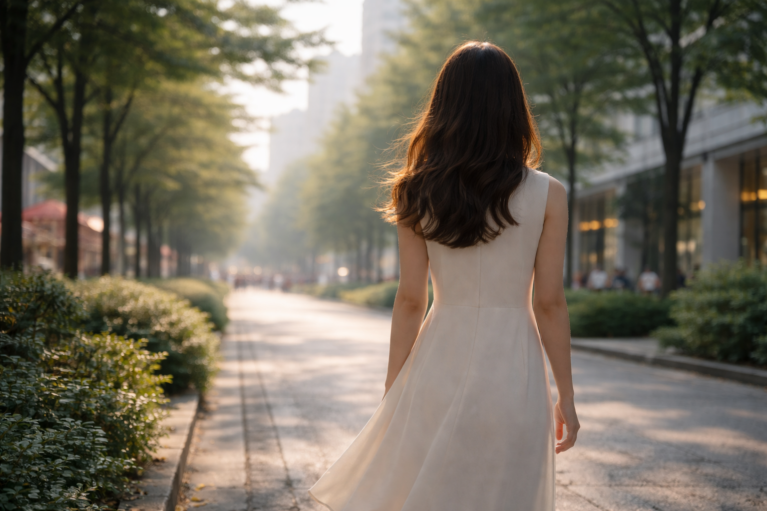 都市の通りと緑が共存する空間で、足元を地面につけて静かに立つ一人の人物