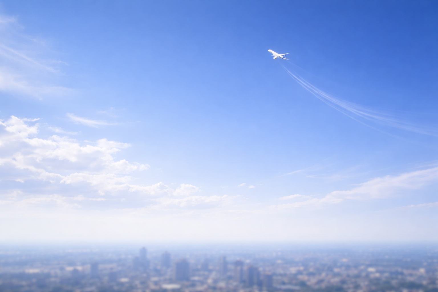 青空の中を上昇する旅客機を地上から見上げた静かな構図の写真