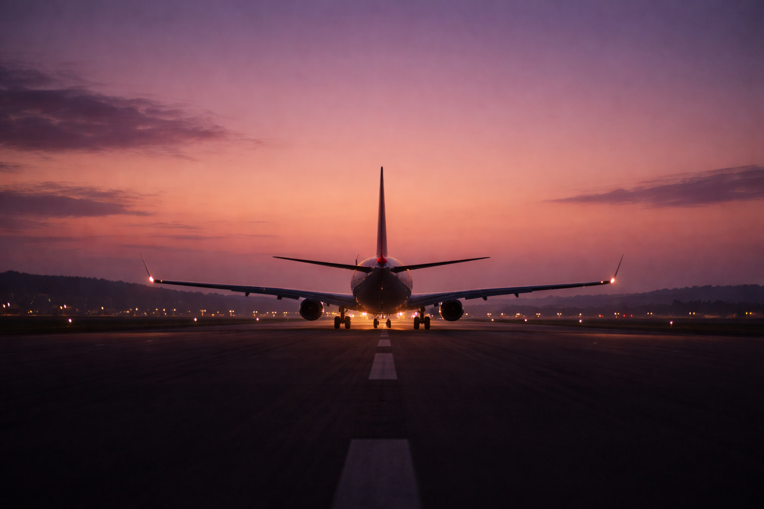 夕暮れの滑走路に並び、出発前に停止している旅客機の後方シルエット