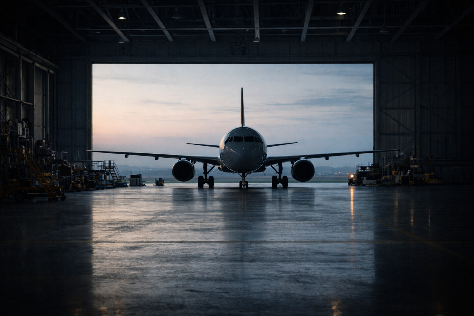 格納庫に止まっている飛行機が出発を待っている様子