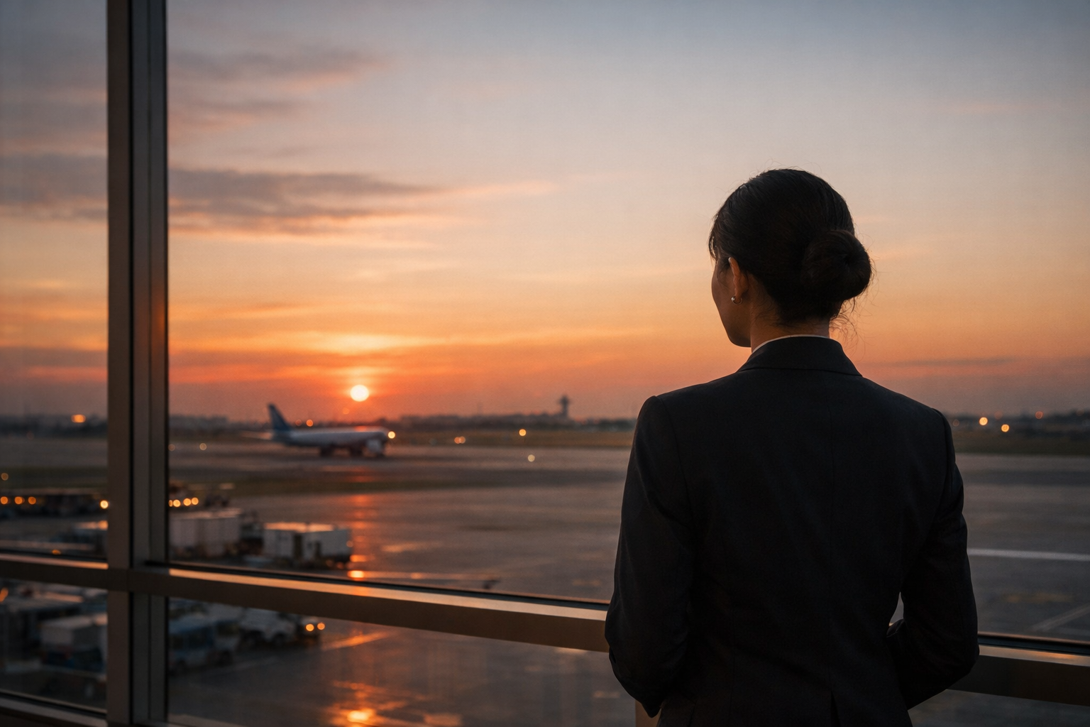 夕暮れの空港コンコースを歩くスタッフの後ろ姿と、旅立ちの気配