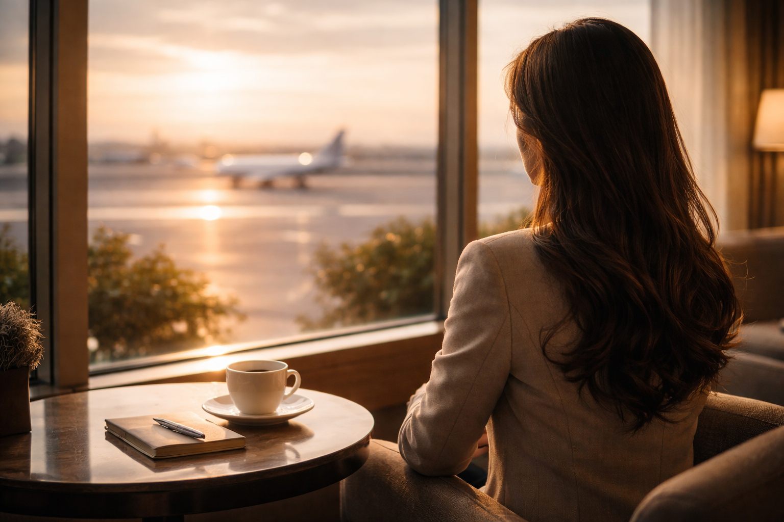 空港ラウンジの窓際で滑走路を眺めながら、静かにキャリアを考える女性の後ろ姿