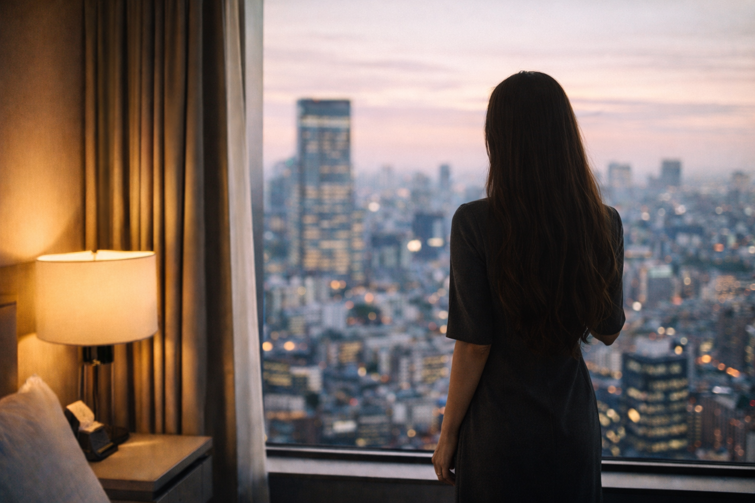 夕暮れの街を窓越しに眺めながら、結婚相手の条件について静かに考える女性の後ろ姿