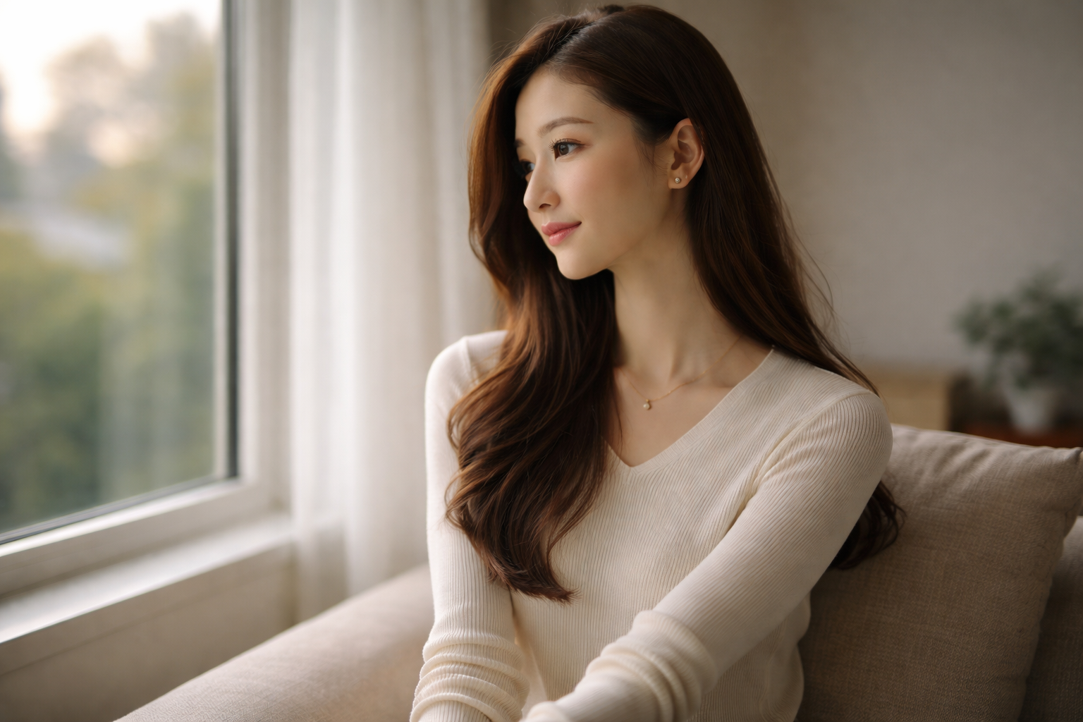 早朝フライトの彼を想いながら窓辺で静かに過ごす女性｜パイロット彼氏と会えない理由を象徴する一枚