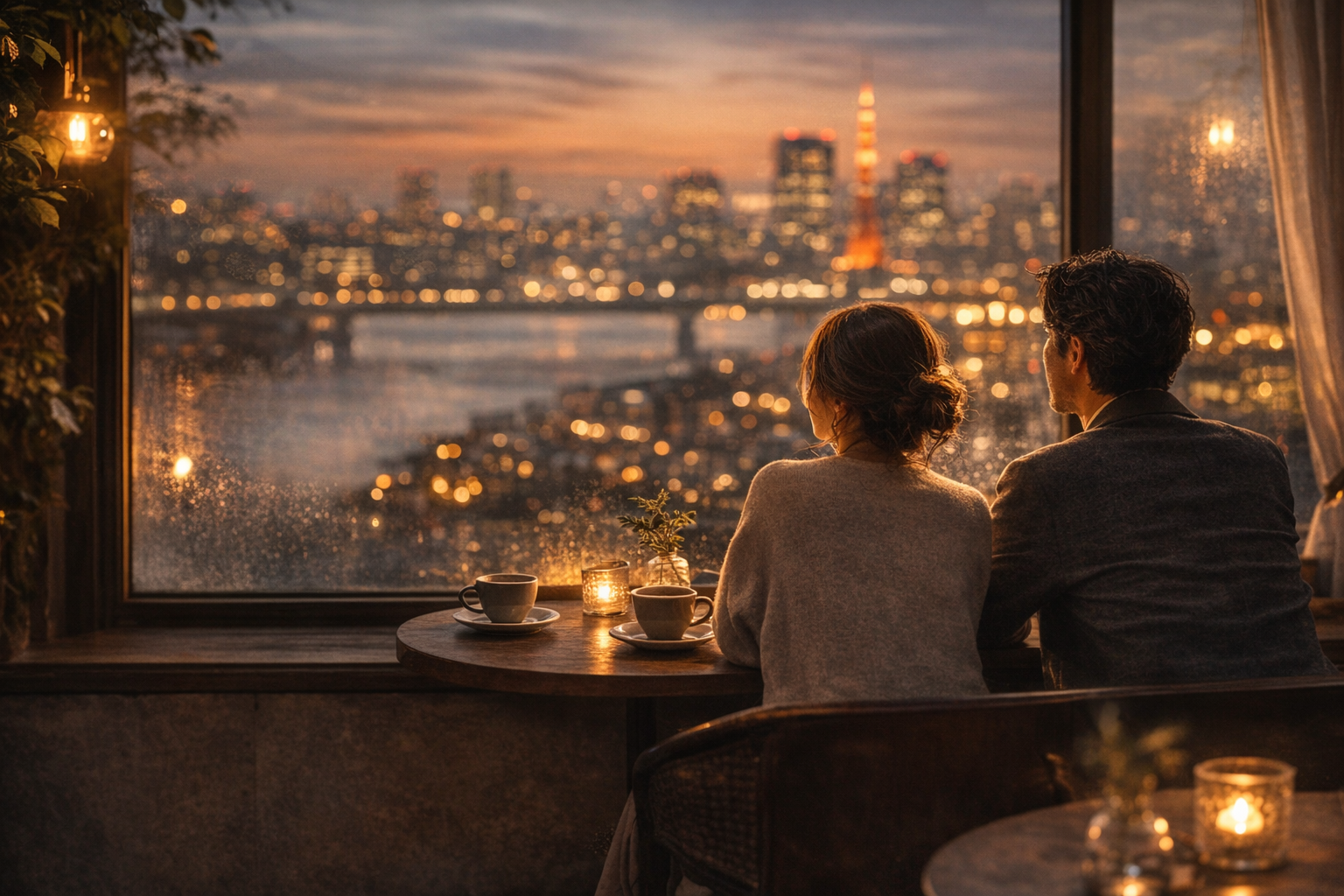 夜のカフェの窓際で静かに並んで座り、同じ方向を見つめる大人の男女の後ろ姿